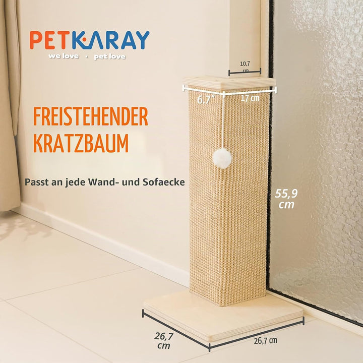 PETKARAY Eck-Kratzbrett für Katzen, 56 cm Hoher Kratzpfosten für Sofa und Wand, Sisal Kratzmatte, Mö