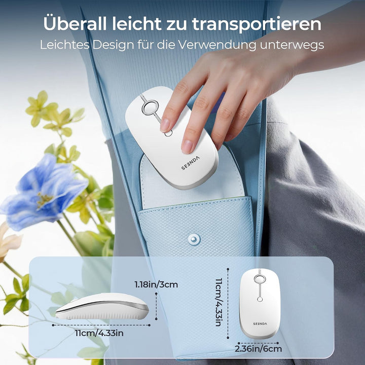 seenda MOU001 Bluetooth Maus, Leise, 3 Geräte Verbindung, Weiss-Silber | USB + Dual-Bluetooth, 3 DPI