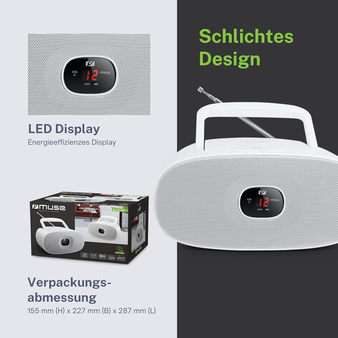 Muse MD-202 RDW Stereo UKW-Radio mit CD-Player (LED Display, Repeat, AUX-In, Teleskopantenne) weiss,