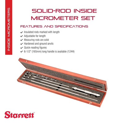 Starrett 124CZ Vollstab-Nonius-Innenmessschrauben-Set, Bereich 8-32", 0,001" Teilung, +/- 0,0001" Ge