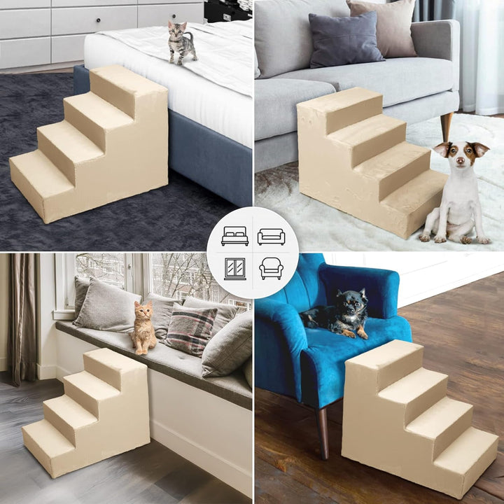 Mg Design Hundetreppe 4 Stufen in Cremefarben – Stabiler Holzrahmen, gelenkschonend, leicht & mobil,