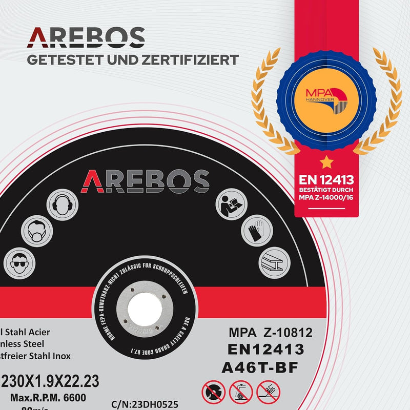 Arebos Trennscheiben Ø 230 mm, 25 Stück | geeignet für Stahl, Edelstahl, Inox, Eisen, Blech, Metall