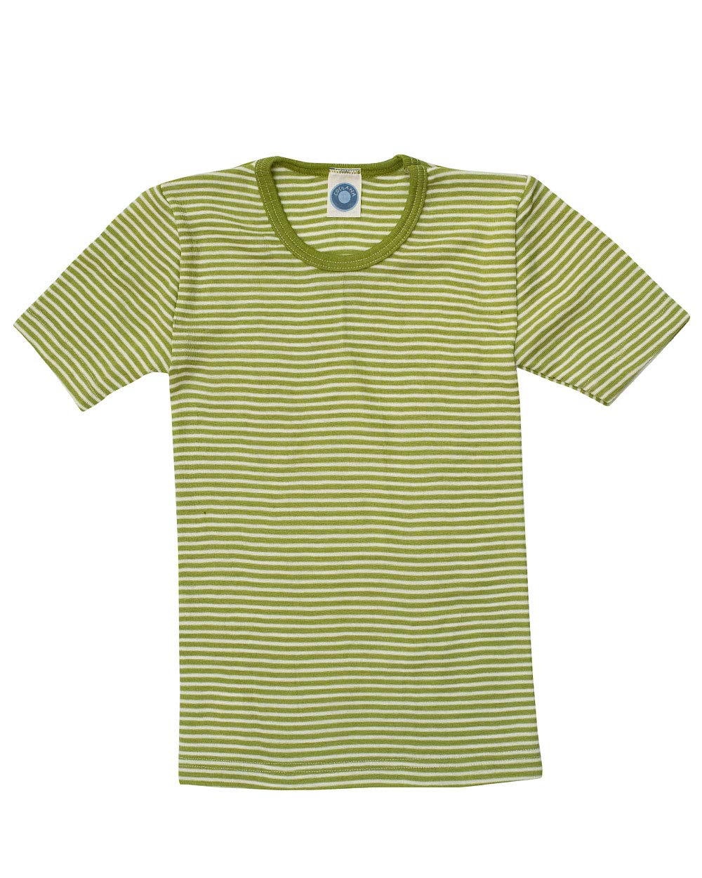 Cosilana, Kinder Unterhemd/T-Shirt, 70% Wolle und 30% Seide, Geringelt Grün/Natur