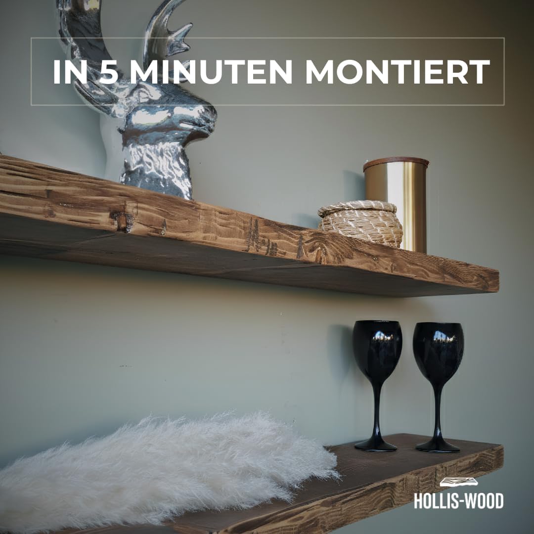 Wandregal schwebend, rustikale Designkante – Massivholz 40 mm, 20 cm tief, unsichtbare Halterung, ha