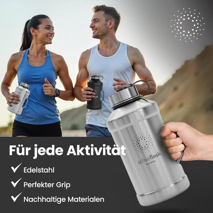 Trinkflasche Edelstahl ACTIVE FLASK + Strohhalm (3 Deckel) | Grosse 1,3 / 2,2 Liter Sportflasche BPA