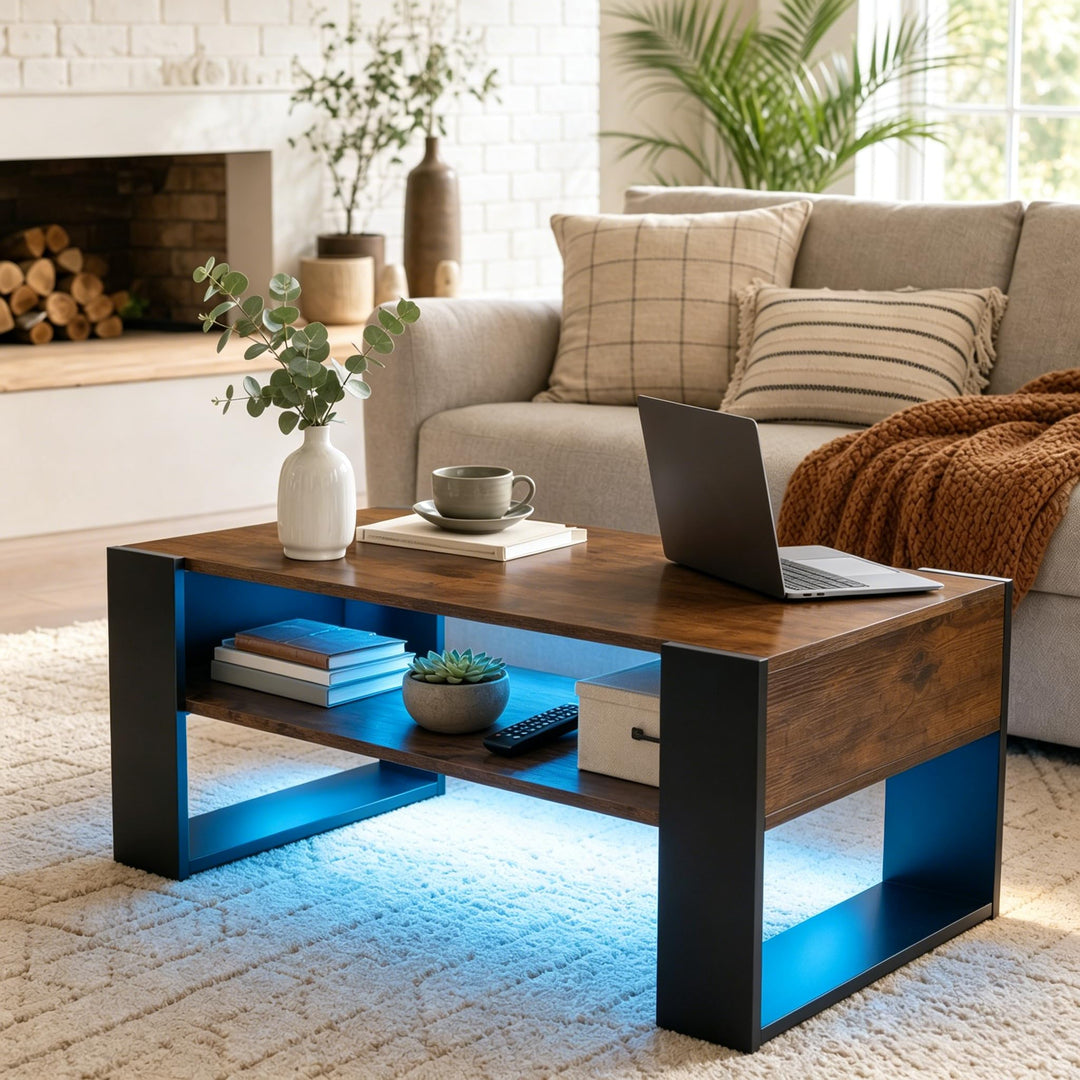 LED Couchtisch mit Stauraum, Wohnzimmertisch mit 2 Ebenen, moderner Sofatisch aus Holz, Beistelltisc
