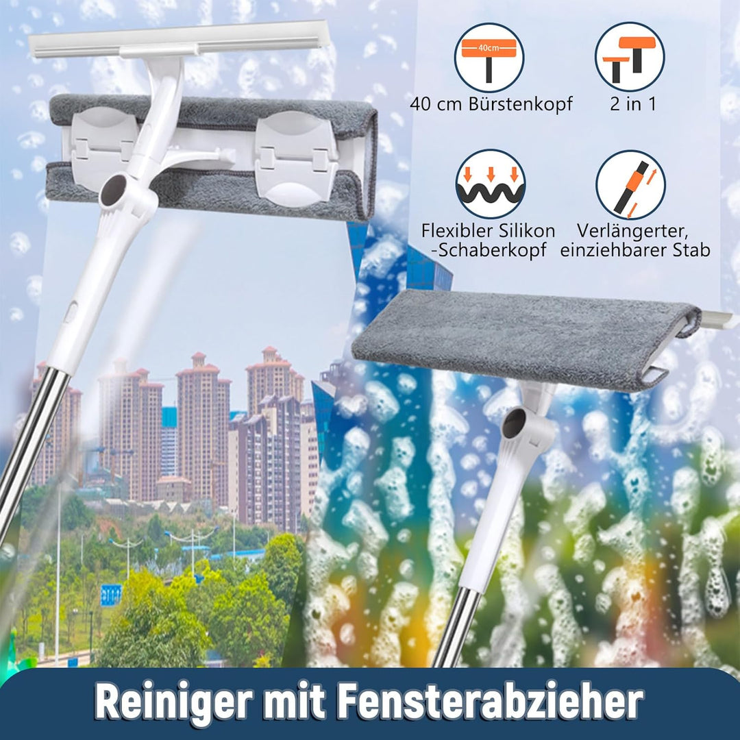 Fensterwischer Teleskop 388 cm, 2-in-1 mit 39 cm Reinigungskopf | Vielseitiger Fensterabzieher mit d