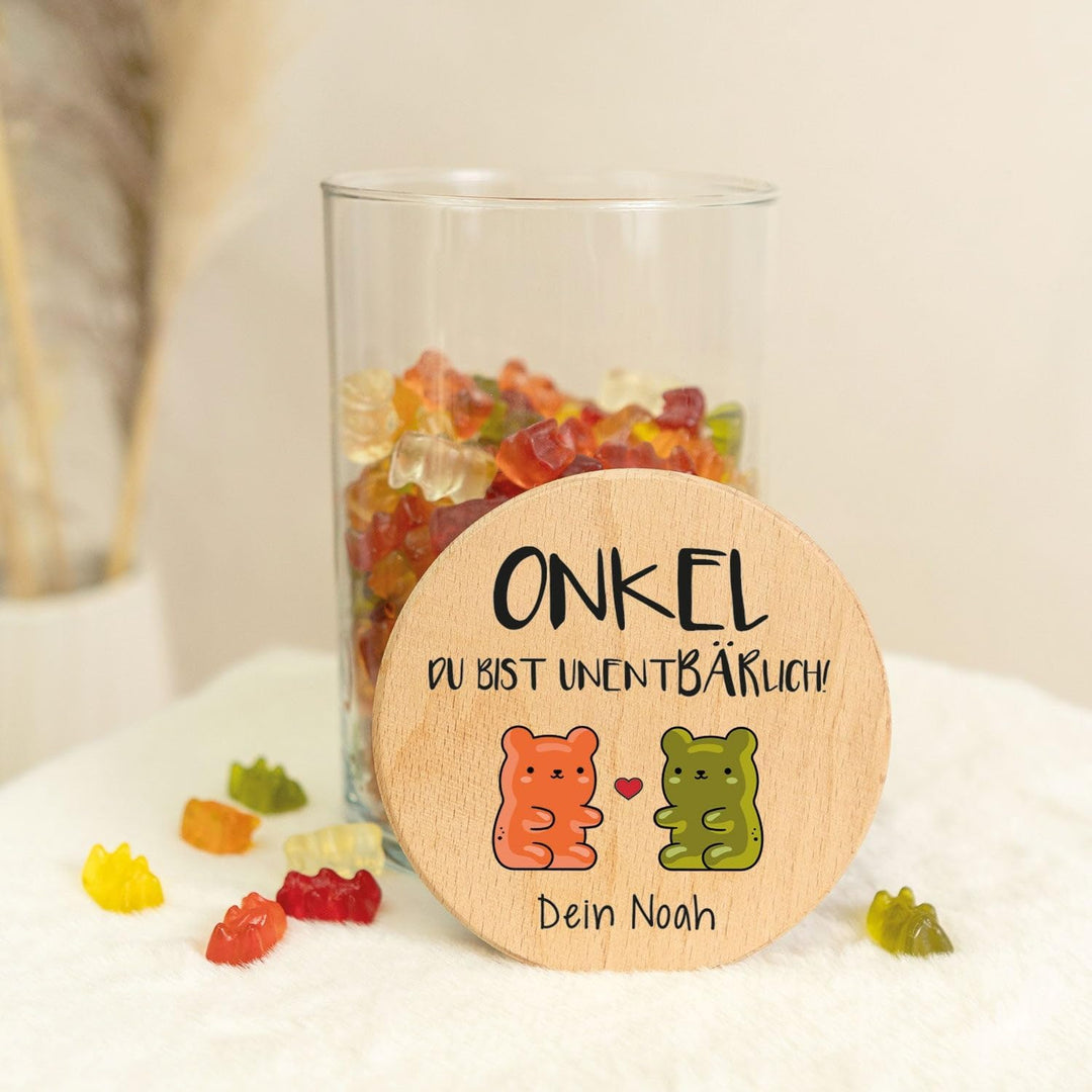 GRAVURZEILE Vorratsglas mit bedrucktem Holzdeckel - UnentBÄRlich Onkel - Personalisiert mit Name - K
