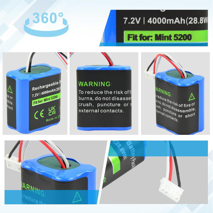 iPrize 7.2V 4000 mAh NI-MH Ersatzakku für iRobot Braava 380T 380 390T 390, Mint 5200 5200B 5200C Sta