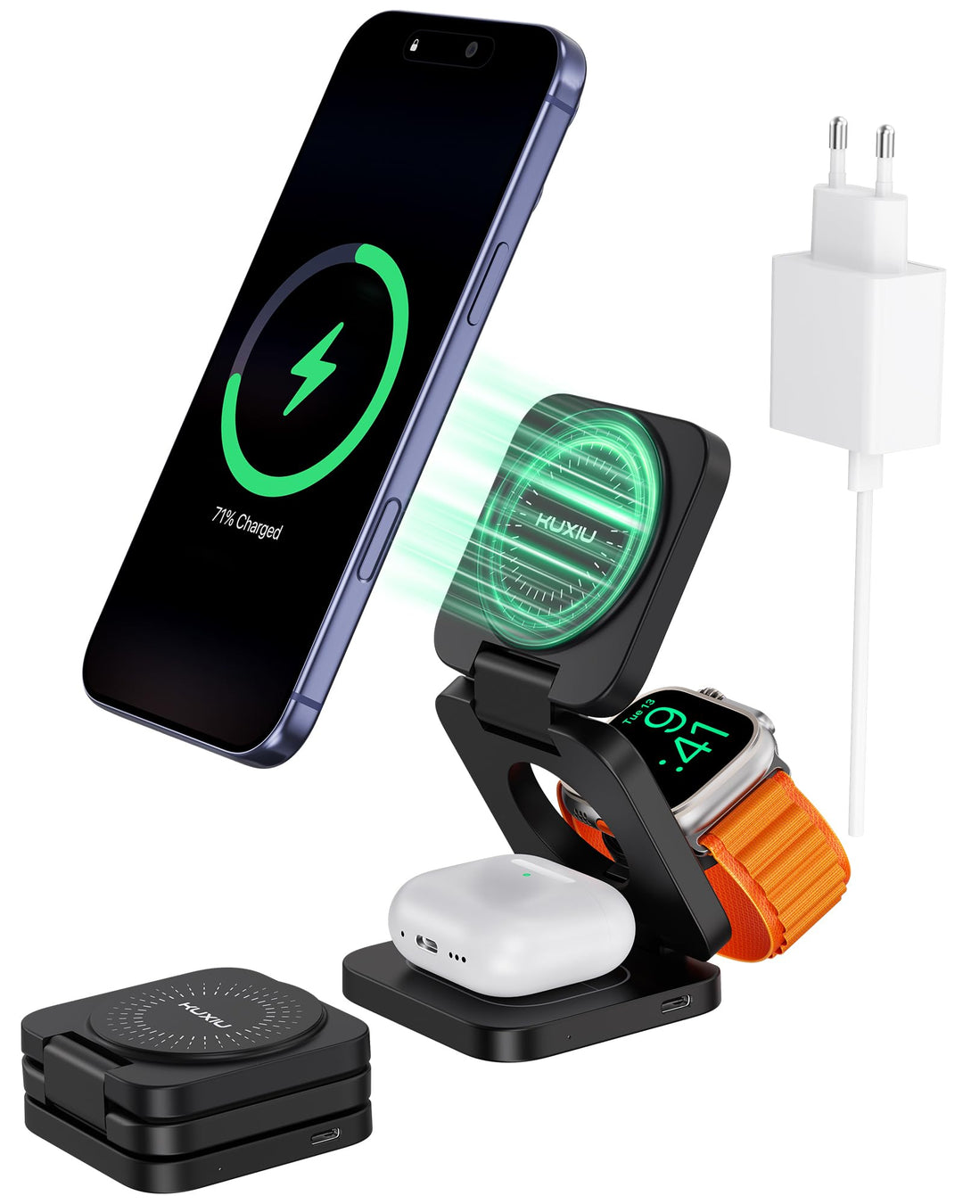 KU XIU X55 Turbo Qi2.2 25W Ladestation für Magsafe, Faltbar 3 in 1 Ladestation für Apple Watch und i