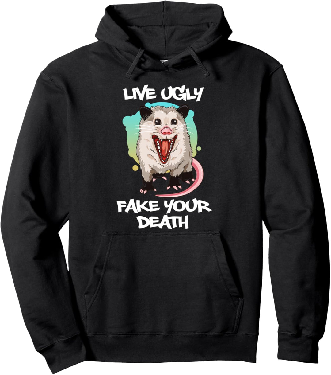 Live Ugly Fake Your Death Opossum Shirt Funny Ugly Cat Pullover Hoodie