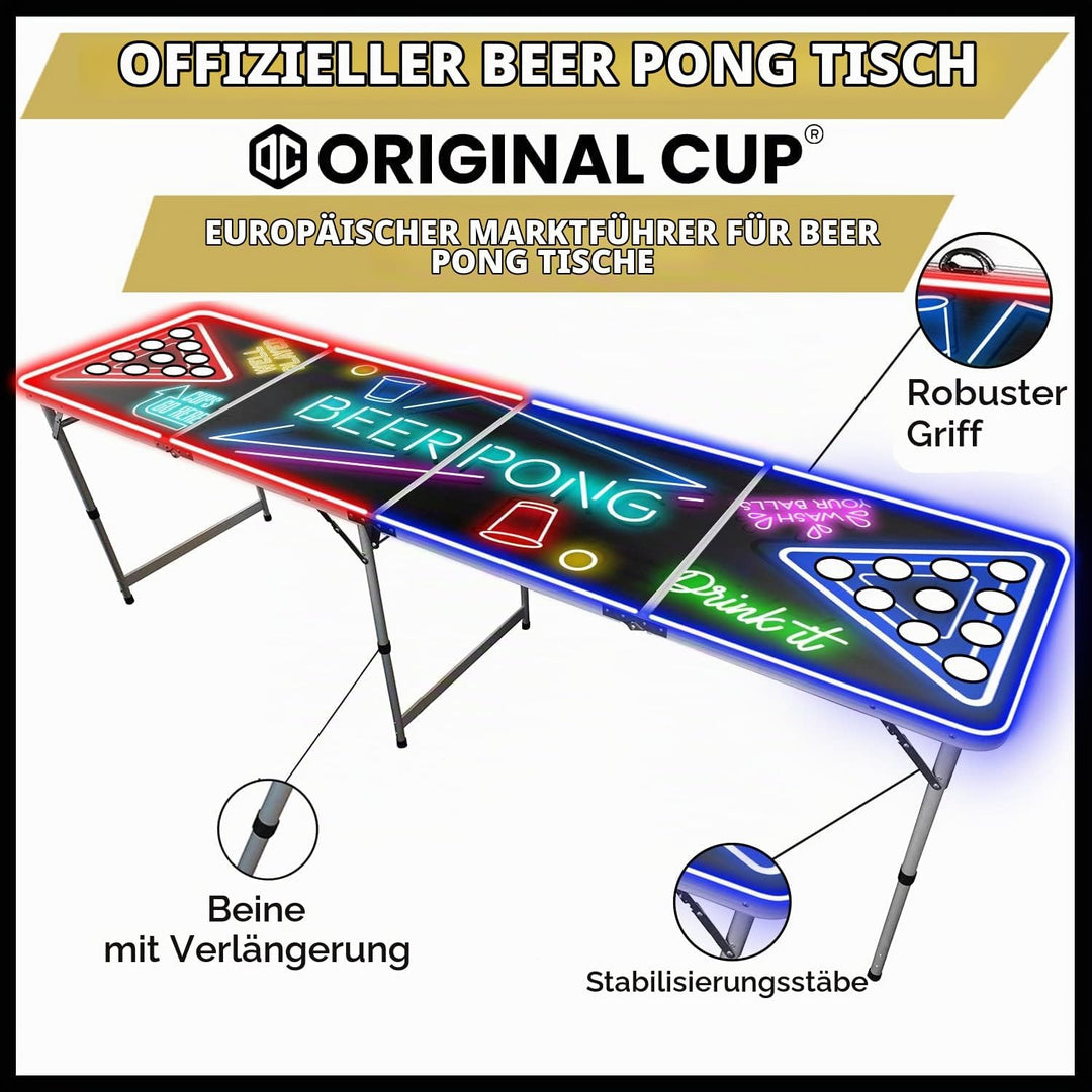 Offizieller Spotlightholes Beer Pong Tisch mit Löchern Set | 1 Glow Beer Pong Tisch + 2 Regale + 22