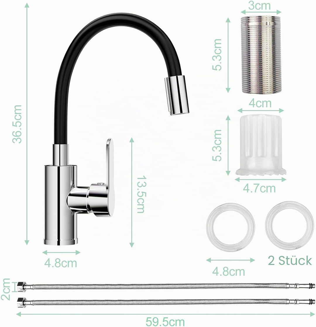 Wasserhahn Küche mit Flexibler Auslauf, Wasserhahn Küche Schwarz, Spültischarmatur 360° Drehbar, Küc