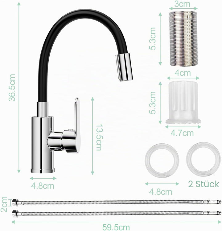 Wasserhahn Küche mit Flexibler Auslauf, Wasserhahn Küche Schwarz, Spültischarmatur 360° Drehbar, Küc