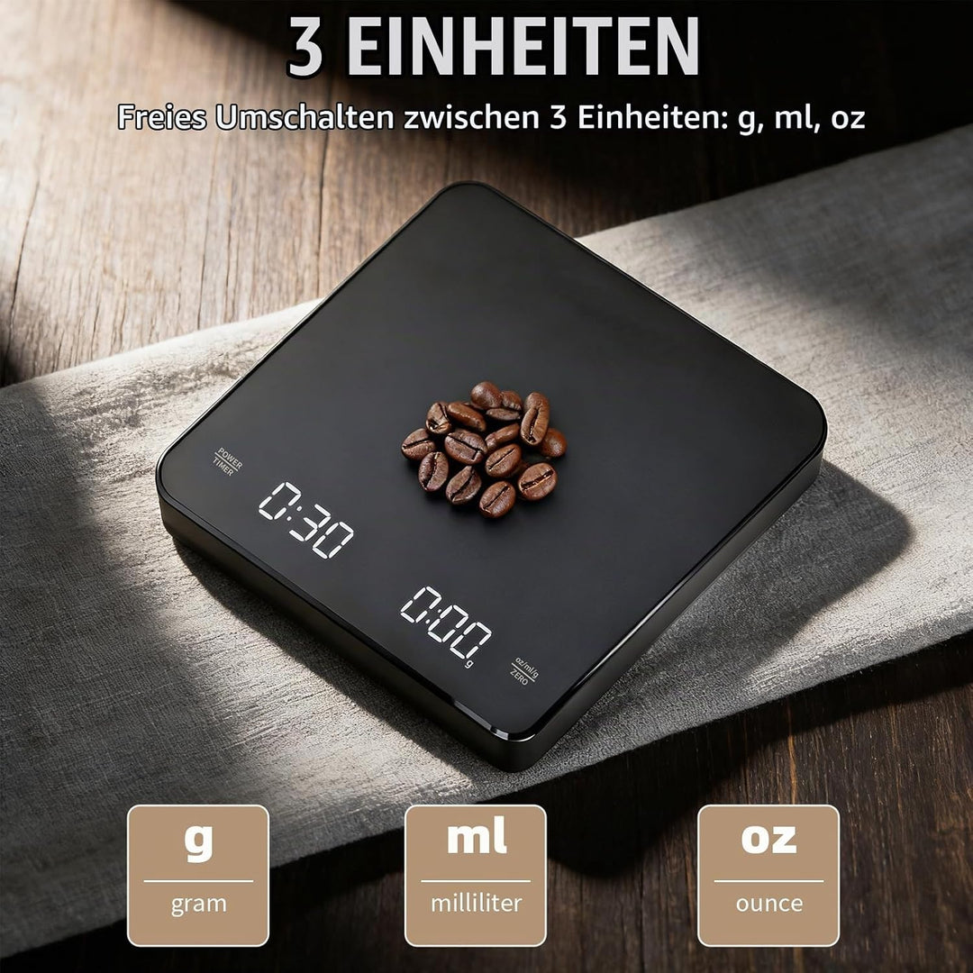 Kaffeewaage mit Timer, 3kg/0.1g Wiederaufladbare Digitale Küchenwaage, Tragbar mit LED-Anzeige &amp; Aut