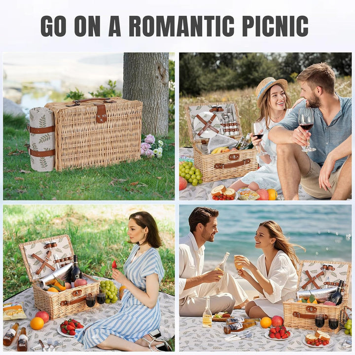 HappyPicnic Picknickkorb-Set für 2 – Weiden-Picknickkorb mit wasserdichter Decke & isoliertem Innenf