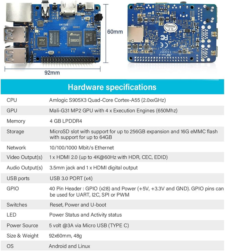 youyeetoo Banana Pi BPI-M5 Amlogic S905X3 Single Board Computer with 4GB RAM and 16G eMMC for AIOT S