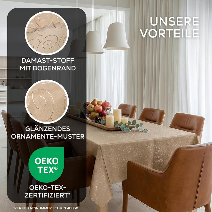 BEAUTEX Tischdecke Damast Ornamente - Bügelfreies Tischtuch - Fleckabweisende, Pflegeleichte Tischwä