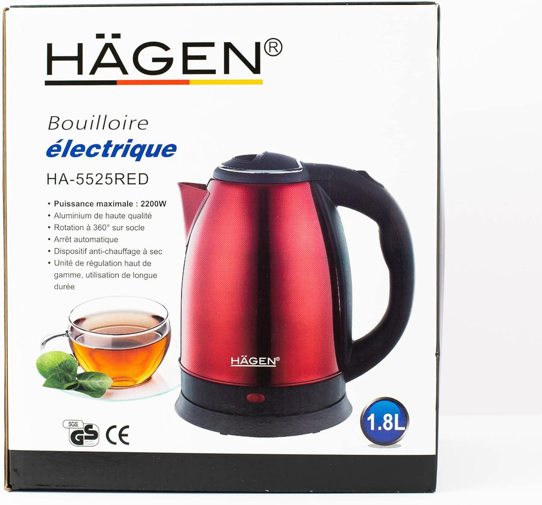 Hagen - Edelstahl -Elektrischer- Kabelloser Wasserkocher -1.8L HAGEN HA5525-RED-Rot, Red