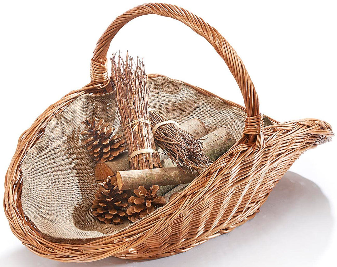 Kobolo Kaminholzkorb Holzkorb für Kaminholz - gekochte Weide - Leinenstoff - oval