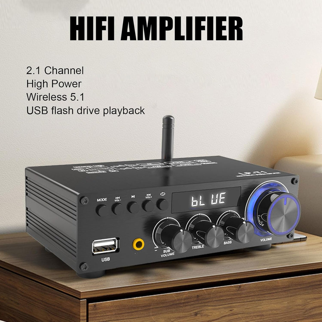 Bewinner 2.1 Kanal -Stereoverstärker mit Bluetooth 5.1, HiFi Digital Subwoofer -Verstärker -Empfänge