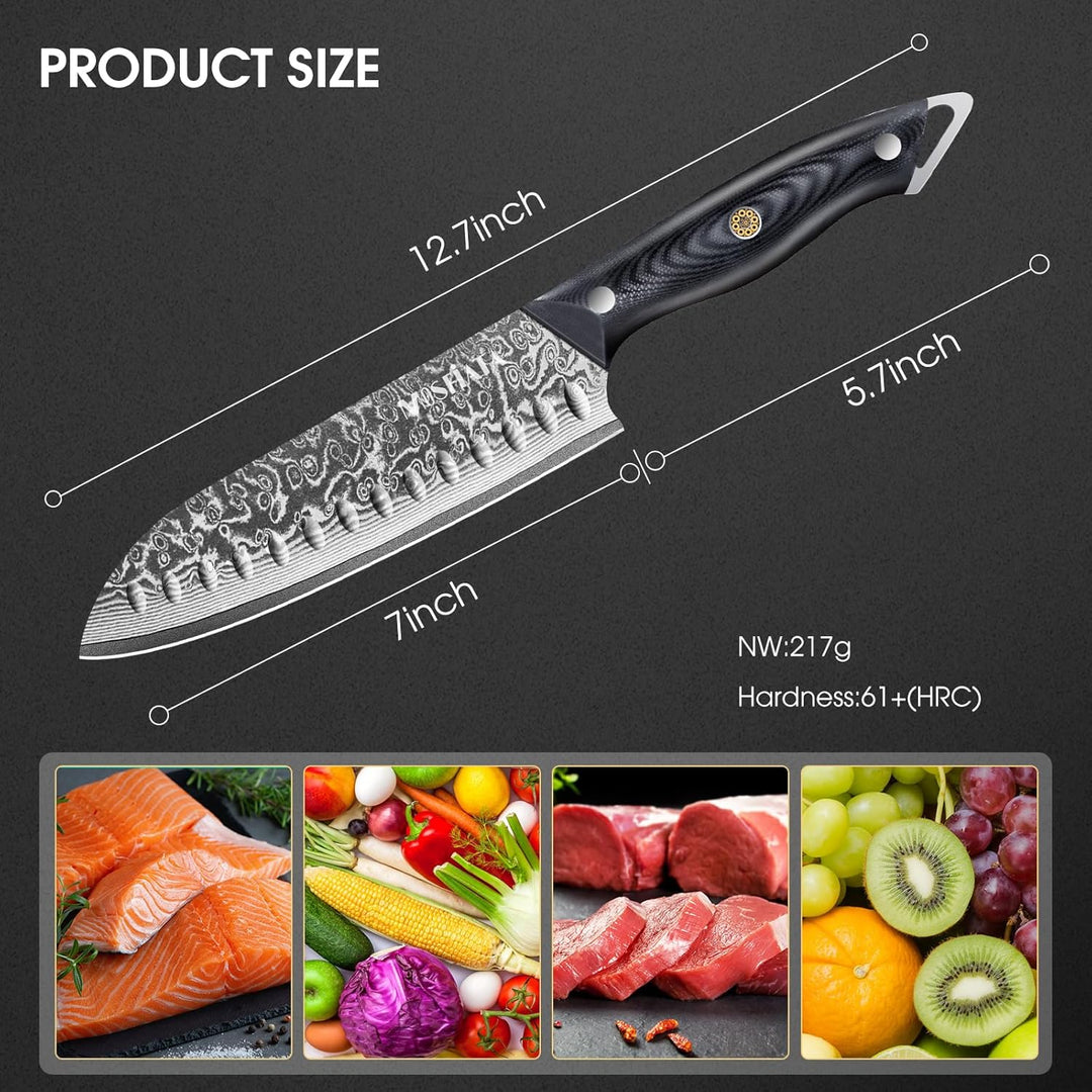 MOSFiATA Damast Santoku Messer 7 Zoll-Japanisches Küchenmesser aus Damaszener Stahl-Damastmesser mit
