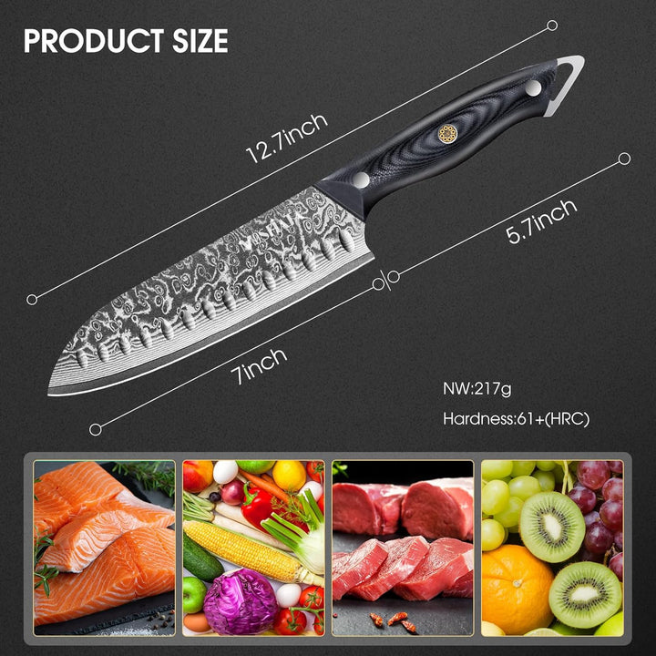 MOSFiATA Damast Santoku Messer 7 Zoll-Japanisches Küchenmesser aus Damaszener Stahl-Damastmesser mit
