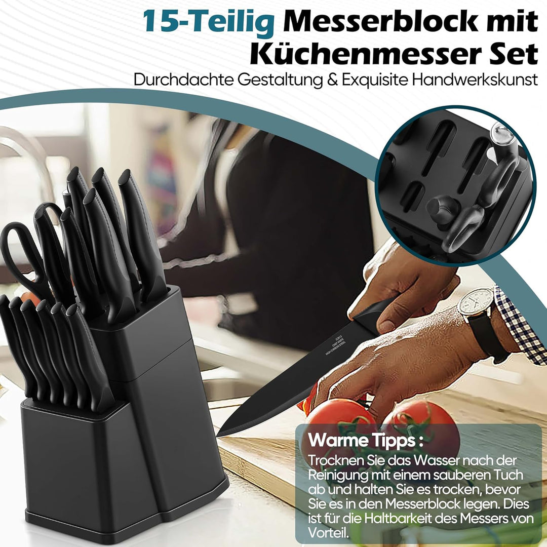Homikit Messerblock Set, 15-tlg Edelstahl Messer Küchenmesser mit Wetzstahl, Messerblock mit Messers