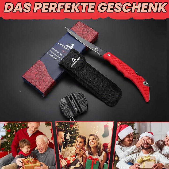 DRAGON RIOT Filetiermesser Fisch Scharf, Angelmesser Klappbar, Edelstahl Fischmesser mit Anti-Rutsch