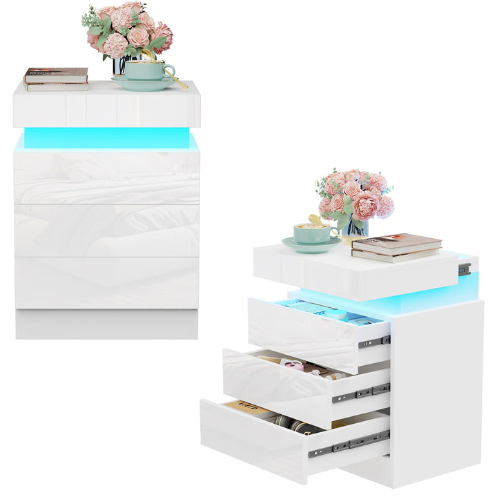 PIPIPOXER Nachttisch 2er Set mit LED, Hochglanz Nachtschrank mit 3 Schubladen und Versteckte Obere S
