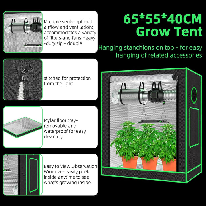 55 x 40 x 65 cm Grow Tent mit Beobachtungsfenster, Bodenwanne, Lüftungsfenster und Kabeldurchlass (S