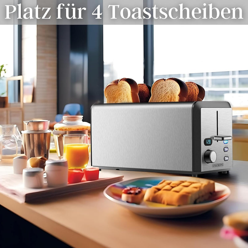 Toaster Langschlitz | 4 Scheiben Toastautomat | XXL | 1500 Watt | 6-Stufen Bräuneregler | Brötchenau