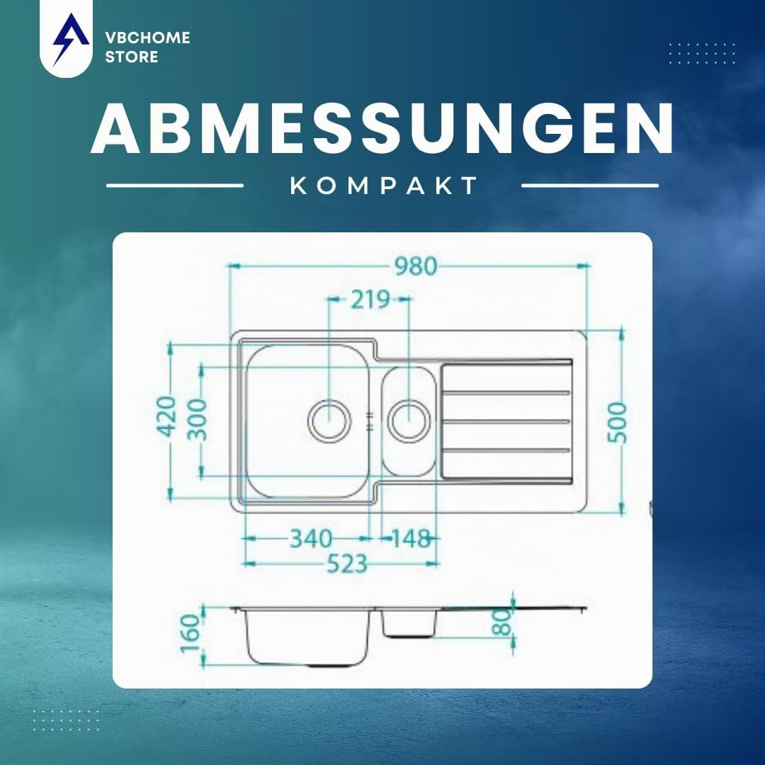 VBChome Einbauspüle 98 x 50 cm mit Hahnloch Abtropffläche Links Camping Küchenspüle - Satinstruktur