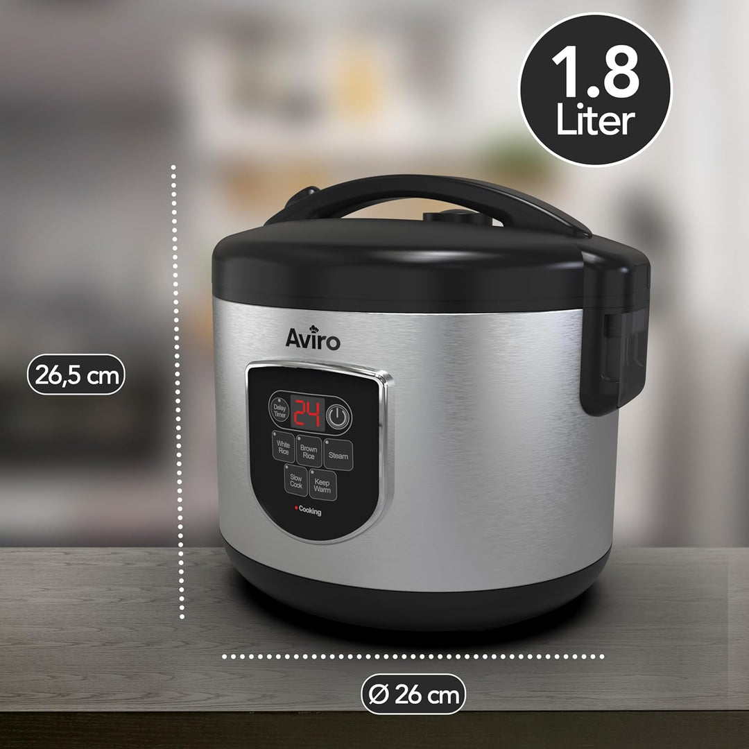 Aviro Reiskocher – Slow Cooker – 1,8 l – 7 Funktionen – Warmhaltefunktion – Reiskocher – Antihaftbes
