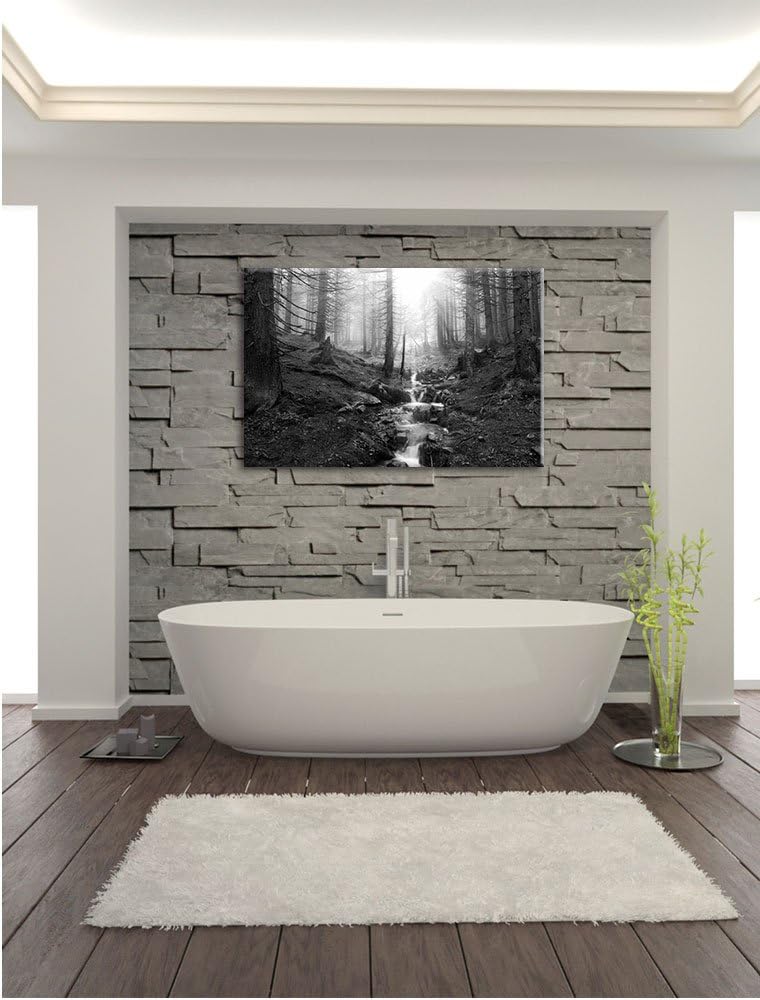 Bach im Wald Kunst B&W, Format: 100x70 auf Leinwand, XXL riesige Bilder fertig gerahmt mit Keilrahme