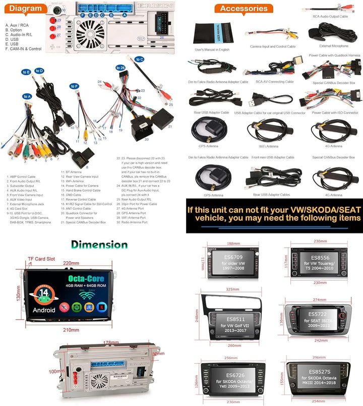 Erisin Android 14 Autoradio mit navi für VW Polo 6R Passat B6 B7 Golf 5/6 Touran T5 Tiguan Seat Skod