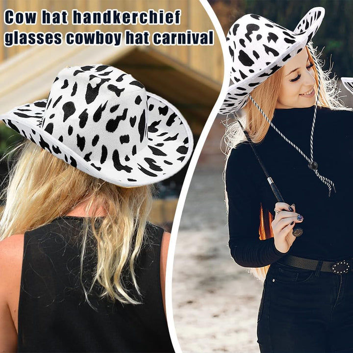 Western Cowboyhut Set, Cowboyhut mit Kuhmotiv, Westernhut 3PCS, Herzförmige Sonnenbrille und Kopftuc