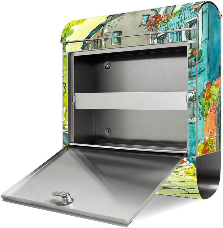 banjado® Briefkasten Edelstahl mit Motiv Historischer Stadtkern 38x43x12cm &amp; 2 Schlüssel - rostfreie