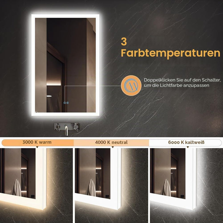badezimmerspiegel mit Beleuchtung, Sandstrahl-Design led Spiegel Bad, 3 Farbtemperaturen, Dimmbar, E