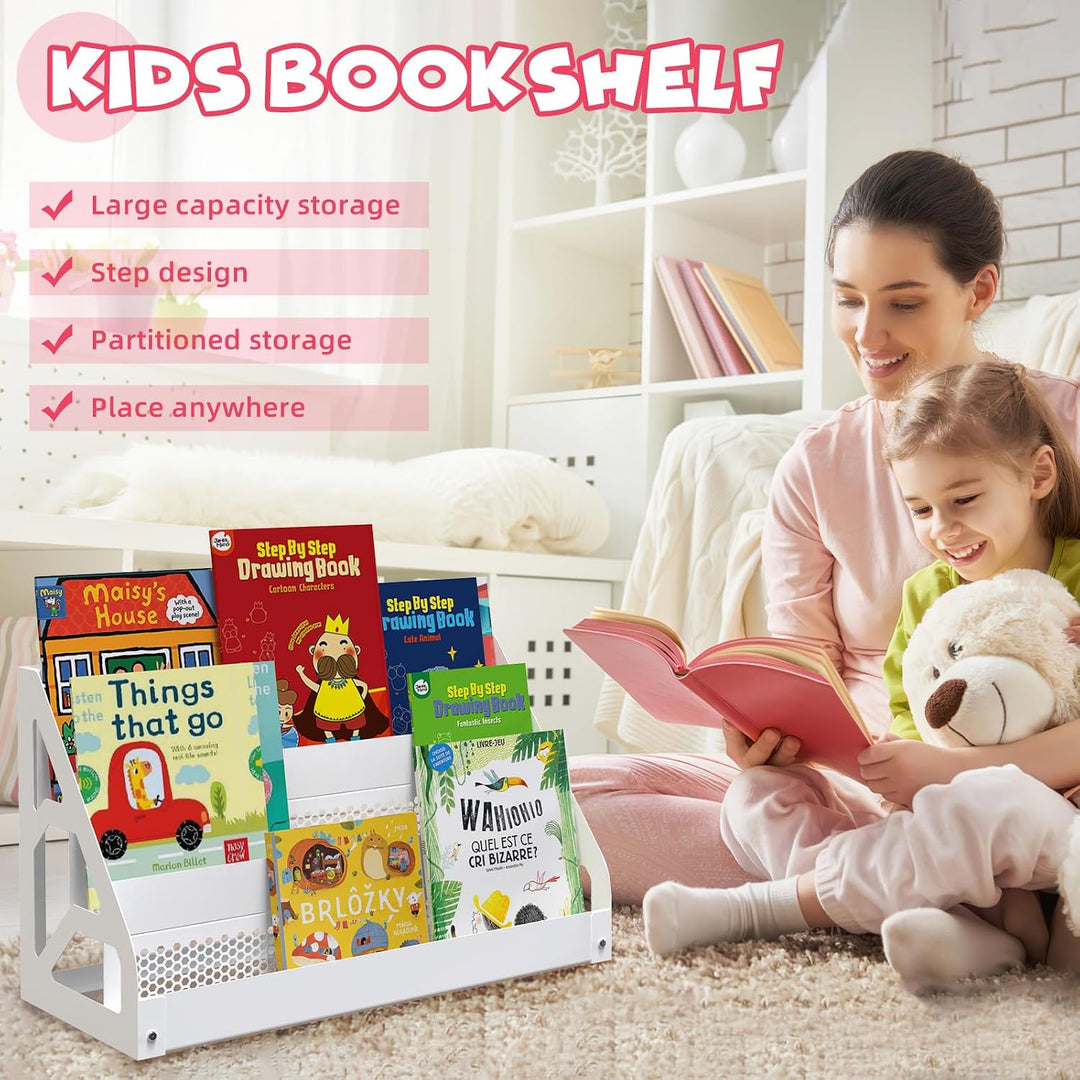 Metall Bücherregal Kinder, 3-stufiges Montessori Kinderregal, Kleines Bücherregal für Kinderzimmer,