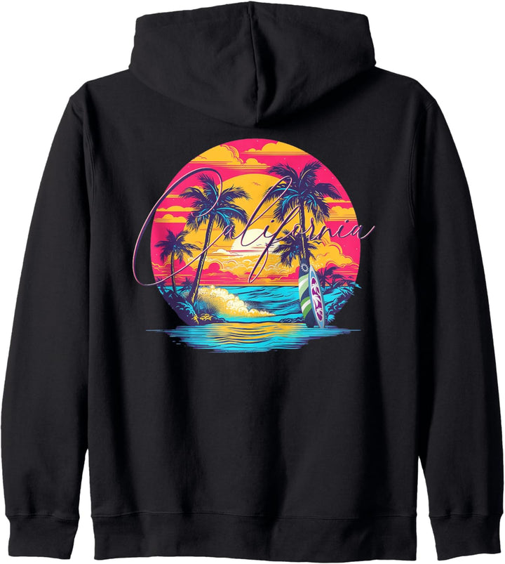 California Beach, Surfer Surfbrett Retro Backprint Kapuzenjacke