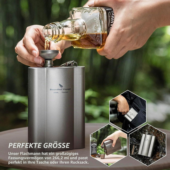 iBasingo Flachmänner aus Titan 240ml Ultraleichter kleiner Flachmann für Spirituosen Tragbare Reise
