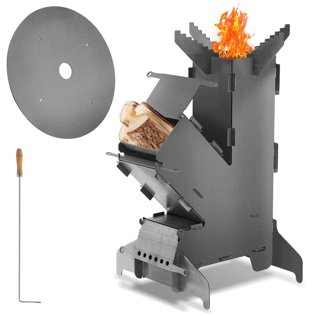 Daromigo Raketenofen mit Grillplatte und Feuerhaken, Rocket Stove Outdoor aus massivem 3 mm dickem S