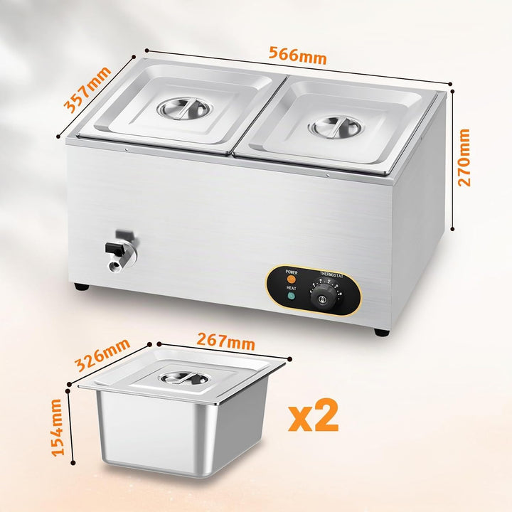 Bain Marie Speisenwärmer Wasserbad Gastro GN-Behältern (GN) 1/2x 2 Warmhalter Edelstahl mit Ablaufha