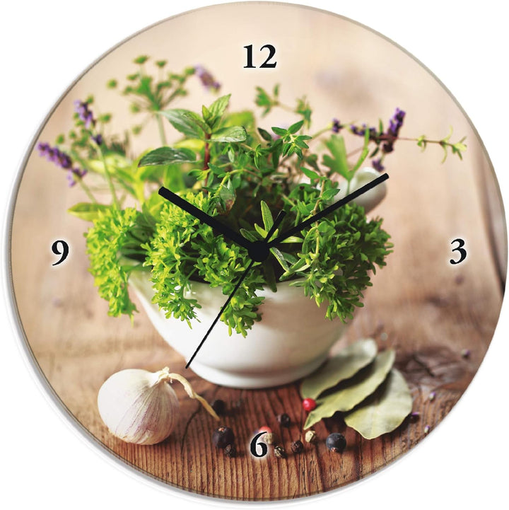 ARTLAND Wanduhr ohne Tickgeräusche Glas Quarzuhr Ø 30 cm Rund Lautlos Kräuter Gewürze Holzoptik Land