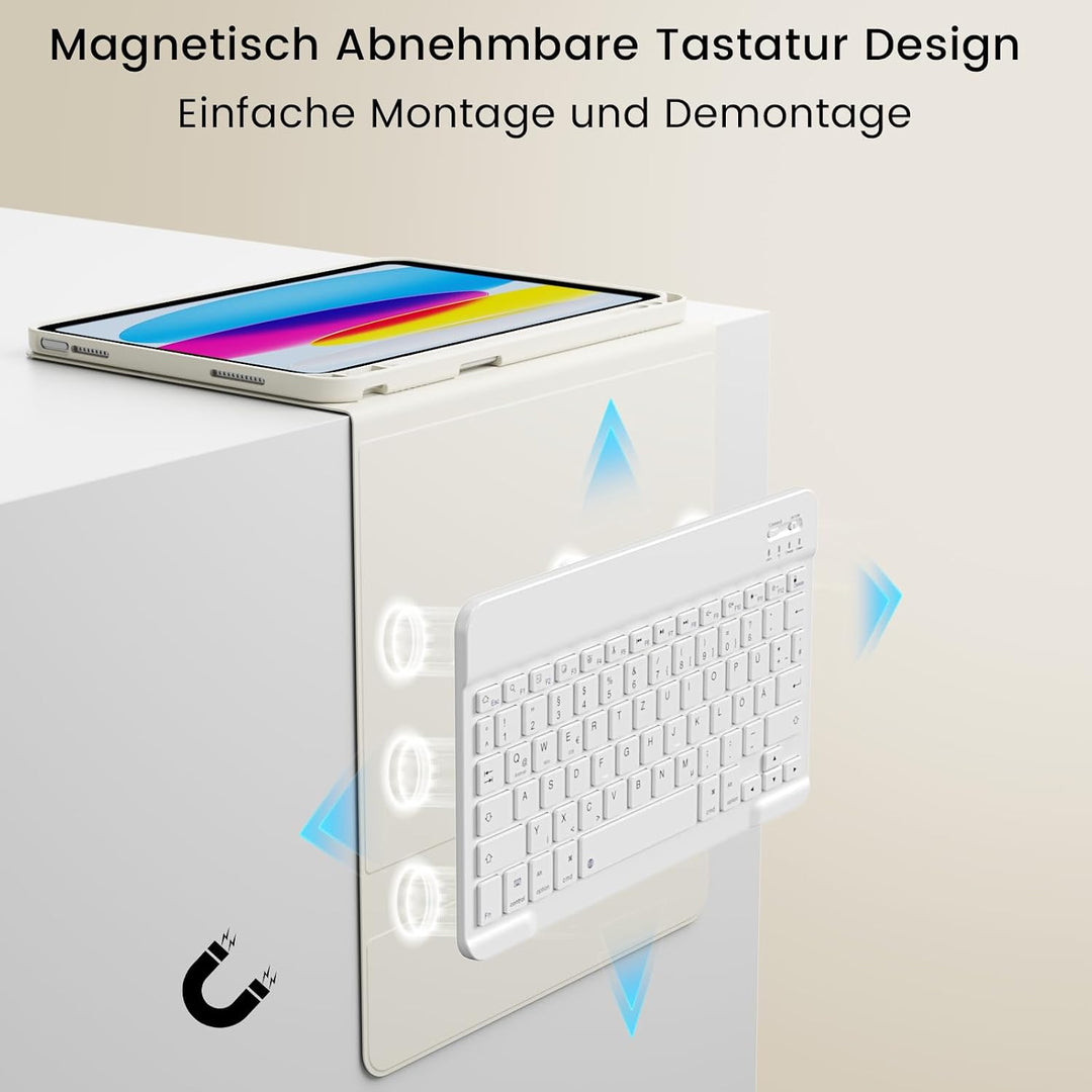 Hülle mit Tastatur für iPad A16 11./10. Gen 11/10.9 Zoll, Cremeweiss | mit Stifthalte, Magnetisch Ab