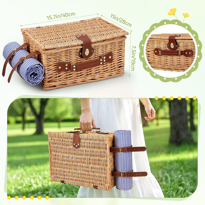 Picknickkorb für 4 Personen, handgeflochtener Korb mit eingebauter Isolierung und wasserdichter Deck