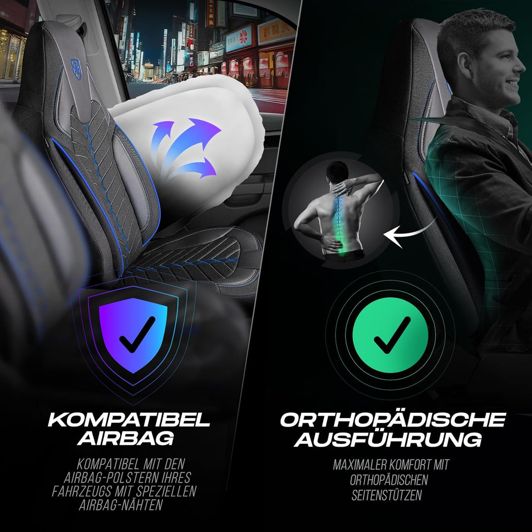 Autositzbezüge Universal für PKW & SUV – Premium Vordersitze Auto Sitzbezug aus Leinen, Schwarz-Blau