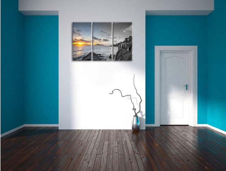 Pixxprint Sonnenuntergang Seychellen als Leinwandbild | Grösse: 3 Teilig (120x80) | Wandbild| Kunstd