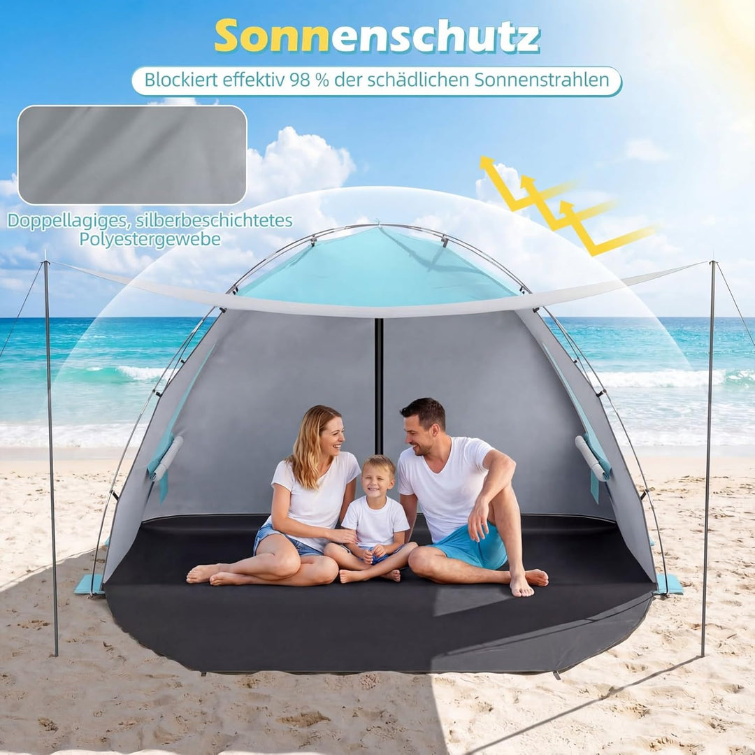 COSTWAY Strandmuschel mit Vordach, Strandzelt UV-Schutz 50+ mit Reissverschlusstüren & Netzfenstern,